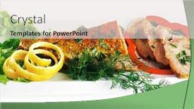  Presentation with fish tuna - Slide set having healthy dinner grilled sea tuna fish with lemon and vegetables on white china plate isolated over white background background and a lemonade colored foreground