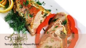  Presentation with fish tuna - Colorful PPT theme enhanced with healthy dinner grilled sea tuna fish with lemon and vegetables on white china plate isolated over white background backdrop and a coral colored foreground