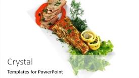  Presentation with tuna fish - Colorful PPT theme enhanced with healthy dinner grilled sea tuna fish with lemon and vegetables on white china plate isolated over white background backdrop and a white colored foreground