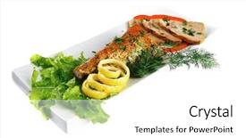  Presentation with tuna fish - Colorful presentation enhanced with healthy dinner grilled sea tuna fish with lemon and vegetables on white china plate isolated over white background backdrop and a white colored foreground