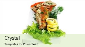  Presentation with tuna fish - Colorful slides enhanced with healthy dinner grilled sea tuna fish with lemon and vegetables on white china plate isolated over white background backdrop and a yellow colored foreground