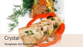  Presentation with fish tuna - Beautiful PPT theme featuring healthy dinner grilled sea tuna fish with lemon and vegetables on white china plate isolated over white background backdrop and a yellow colored foreground