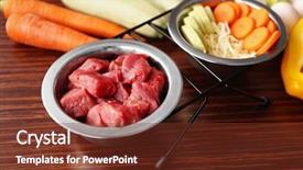  Presentation with dog food - Theme consisting of healthy dog food on wooden background and a tawny brown colored foreground