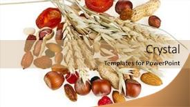  Presentation with nuts - PPT theme consisting of healthy dried fruit and nuts with the spikelet of oats and wheat isolated on white background background and a yellow colored foreground