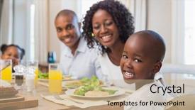  Presentation with lunch - Slides featuring healthy eating children - happy family smiling at camera background and a coral colored foreground