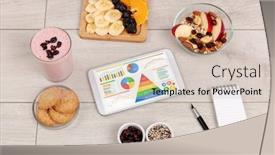  Presentation with statistics - Presentation theme with healthy eating concept - close up of tablet with several dieting statistics background and a soft green colored foreground