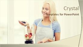  Presentation with young healthy people - Cool new presentation design with healthy eating cooking vegetarian food dieting and people concept - smiling young woman putting fruits and berries for fruit shake to blender shaker at home backdrop and a cream colored foreground