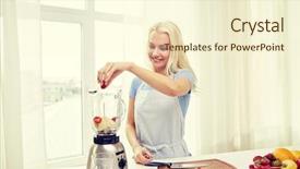  Presentation with young healthy people - Cool new PPT layouts with healthy eating cooking vegetarian food dieting and people concept - smiling young woman putting fruits and berries for fruit shake to blender shaker at home backdrop and a cream colored foreground