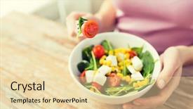  Presentation with young healthy people - Slide deck having healthy eating dieting and people concept - close up of young woman eating vegetable salad at home background and a blonde colored foreground