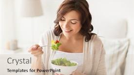  Presentation with young healthy people - Beautiful slide set featuring healthy eating dieting and people concept - smiling young woman eating vegetable salad at home backdrop and a soft green colored foreground