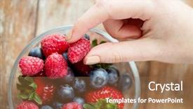 Presentation with healthy eating - Colorful PPT theme enhanced with healthy eating dieting vegetarian food and people concept - close up of woman hands with berries mix in glass bowl on wooden table backdrop and a coral colored foreground