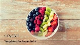  Presentation with healthy people - PPT theme featuring healthy eating dieting vegetarian food and people concept - close up of fruits and berries in bowl on wooden table background and a coral colored foreground