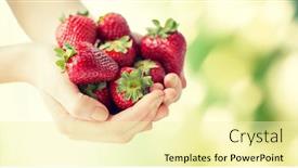  Presentation with healthy people - Colorful theme enhanced with healthy eating dieting vegetarian food and people concept - close up of woman hands holding ripe strawberries over green natural background backdrop and a blonde colored foreground