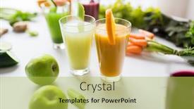  Presentation with juices - Presentation design having healthy eating drinks diet and detox concept - glasses with different fruit or vegetable juices and food on table background and a yellow colored foreground