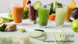 Presentation with juices - Amazing PPT layouts having healthy eating drinks diet and detox concept - glasses with different fruit or vegetable juices and food on table backdrop and a mint green colored foreground