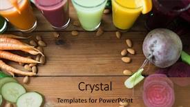  Presentation with juices - Slides consisting of healthy eating drinks diet and detox concept - glasses with different fruit or vegetable juices and food on table background and a coral colored foreground