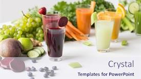  Presentation with juices - Beautiful presentation theme featuring healthy eating drinks diet and detox concept - glasses with different fruit or vegetable juices and food on table backdrop and a sky blue colored foreground