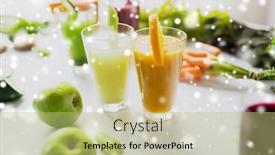  Presentation with juices - Beautiful PPT layouts featuring healthy eating drinks diet and detox concept - glasses with different fruit or vegetable juices and food on table over snow backdrop and a mint green colored foreground