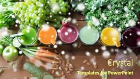  Presentation with juices - PPT theme featuring healthy eating drinks diet and detox concept - glasses with different fruit or vegetable juices and food on table over snow background and a tawny brown colored foreground