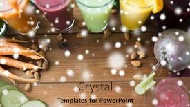  Presentation with juices - Presentation theme having healthy eating drinks diet and detox concept - glasses with different fruit or vegetable juices and food on table over snow background and a coral colored foreground