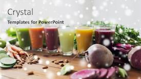  Presentation with juices - Presentation theme featuring healthy eating drinks diet and detox concept - glasses with different fruit or vegetable juices and food on table over snow background and a white colored foreground