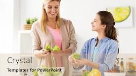  Presentation with family healthy eating - PPT layouts consisting of healthy eating family and people concept - happy mother and daughter cooking vegetable salad for dinner at home kitchen background and a soft green colored foreground
