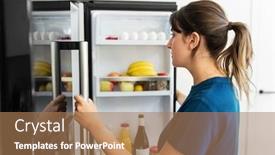  Presentation with diet low carb concept healthy - Amazing PPT layouts having healthy eating food and diet concept - woman at open fridge at home kitchen backdrop and a coral colored foreground