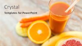 Presentation with healthy juice - Theme enhanced with healthy eating food and diet concept - close up of fresh juice glass and fruits on table background and a lemonade colored foreground