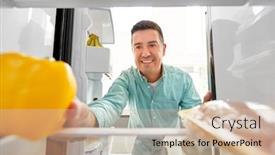  Presentation with fridge - Cool new slides with healthy eating food and vegetable diet concept - happy middle-aged man taking pepper from fridge at home kitchen backdrop and a soft green colored foreground