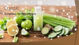  Presentation with healthy juice - Colorful presentation theme enhanced with healthy eating food diet and vegetarian concept - bottle with green juice fruits and vegetables on wooden table over snow backdrop and a lemonade colored foreground