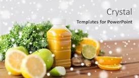  Presentation with healthy juice - Cool new PPT theme with healthy eating food diet and vegetarian concept - bottle with orange juice fruits and vegetables on wooden table over snow backdrop and a white colored foreground