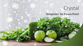  Presentation with healthy juice - Cool new theme with healthy eating food diet and vegetarian concept - bottle with green juice fruits and vegetables on wooden table over snow backdrop and a white colored foreground