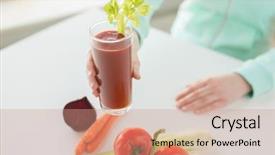  Presentation with tomato juice - Cool new theme with healthy eating food dieting and people concept - close up of woman hands with tomato juice and vegetables backdrop and a coral colored foreground