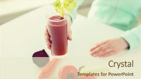  Presentation with tomato juice - Colorful PPT layouts enhanced with healthy eating food dieting and people concept - close up of woman hands with tomato juice and vegetables backdrop and a cream colored foreground