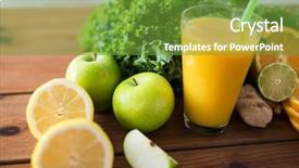  Presentation with healthy juice - Presentation design consisting of healthy eating food dieting and vegetarian concept - close up of glass with orange juice fruits and vegetables on wooden table background and a tawny brown colored foreground