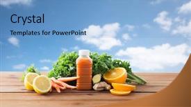  Presentation with healthy juice - Slide deck consisting of healthy eating food dieting and vegetarian concept - bottle with carrot juice fruits and vegetables on wooden table over blue sky background background and a light blue colored foreground