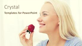  Presentation with healthy people - Colorful presentation enhanced with healthy eating food fruits diet and people concept - happy woman eating strawberry at home backdrop and a cream colored foreground