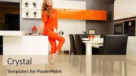  Presentation with kitchen furniture - Beautiful PPT theme featuring healthy eating home interior furniture backdrop and a coral colored foreground