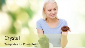  Presentation with junk food - Cool new presentation design with healthy eating junk food diet and choice people concept - smiling woman choosing between broccoli and donut over green natural background backdrop and a blonde colored foreground