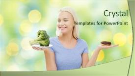  Presentation with junk food - PPT theme consisting of healthy eating junk food diet and choice people concept - smiling woman choosing between broccoli and donut over summer green holidays lights background background and a soft green colored foreground