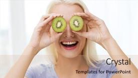  Presentation with healthy diet organic food - PPT layouts featuring healthy eating organic food fruit diet comic and people concept - happy woman having fun and covering her eyes with kiwi background and a coral colored foreground