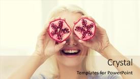  Presentation with healthy diet organic food - Colorful presentation theme enhanced with healthy eating organic food fruit diet comic and people concept - happy woman having fun and covering her eyes with pomegranate backdrop and a coral colored foreground