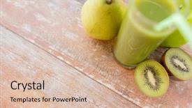  Presentation with healthy diet organic food - Presentation theme with healthy eating organic food and diet concept - close up of fresh green juice glass and fruits on table background and a lemonade colored foreground