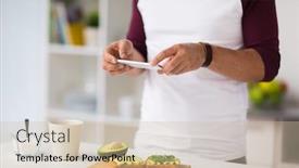  Presentation with healthy people - Beautiful slides featuring healthy eating people and technology concept - man with smartphone having breakfast and photographing vegetable sandwiches at home kitchen backdrop and a soft green colored foreground