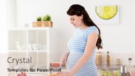  Presentation with healthy people - Cool new slide set with healthy eating pregnancy food and people concept - pregnant woman cooking vegetable salad and chopping pepper at home kitchen backdrop and a lemonade colored foreground