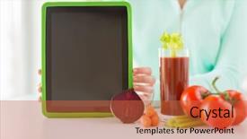 Presentation with tomato juice - Presentation theme featuring healthy eating technology diet and people concept - close up of woman hands with tablet pc tomato juice and vegetables background and a red colored foreground