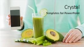  Presentation with green technology - Amazing slide set having healthy eating technology diet and people concept - close up of woman hands with smartphone green fresh juice and vegetables sitting at table backdrop and a soft green colored foreground
