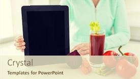  Presentation with tomato juice - Theme having healthy eating technology diet and people concept - close up of woman hands with tablet pc tomato juice and vegetables background and a cream colored foreground
