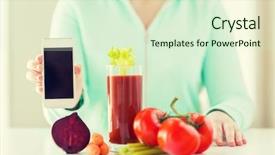  Presentation with tomato juice - PPT theme having healthy eating technology diet and people concept - close up of woman hands with smartphone tomato juice and vegetables background and a soft green colored foreground