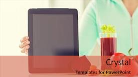  Presentation with tomato juice - Colorful presentation enhanced with healthy eating technology diet and people concept - close up of woman hands with tablet pc tomato juice and vegetables backdrop and a red colored foreground